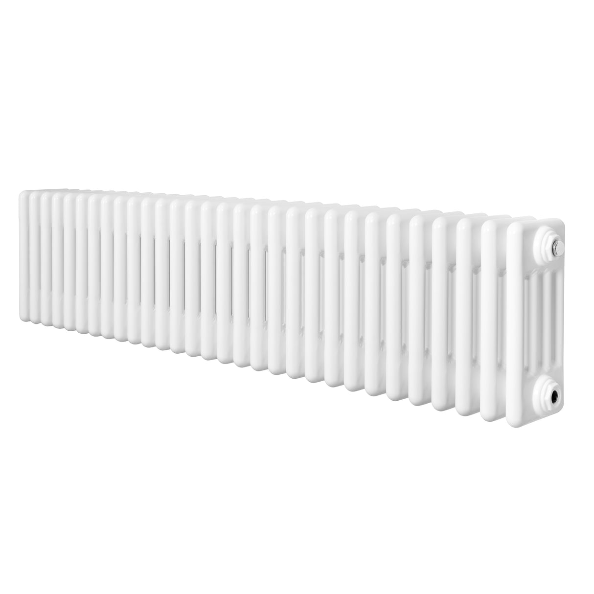 Traditionele witte 4-kolom radiator van 300 x 1370 mm met een gladde, glanzende afwerking en rechte lijnen voor een klassieke uitstraling