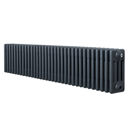 Traditionele 4-kolom radiator in antracietgrijs, 300 x 1505 mm, met een gestructureerd oppervlak en verticale ribben voor optimale warmteafgifte