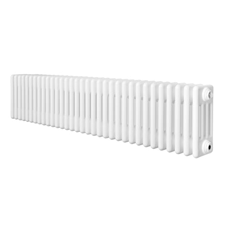 Traditionele 4-kolom radiator in wit, 300 x 1505 mm, met een gladde afwerking en rechte lijnen voor een klassieke uitstraling