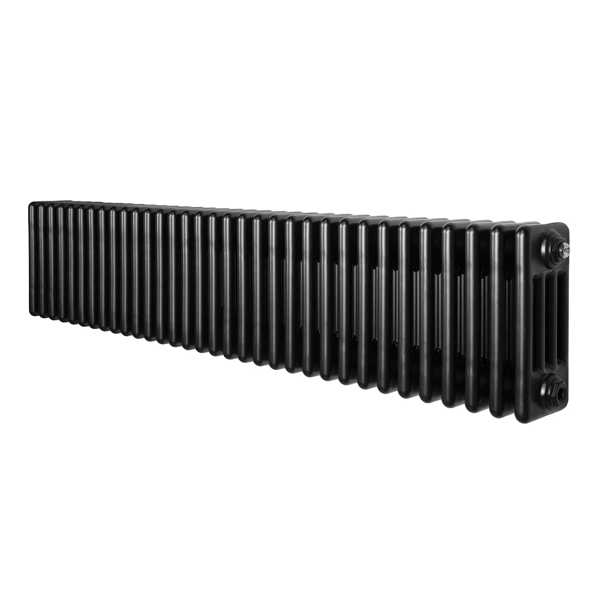 Traditionele zwarte 4-kolom radiator van 300 x 1505 mm met een gladde, glanzende afwerking en een strakke, moderne vormgeving