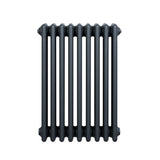 Traditionele 4-kolom radiator in antraciet grijs, met een gladde, matte afwerking en een robuuste, cilindrische vorm