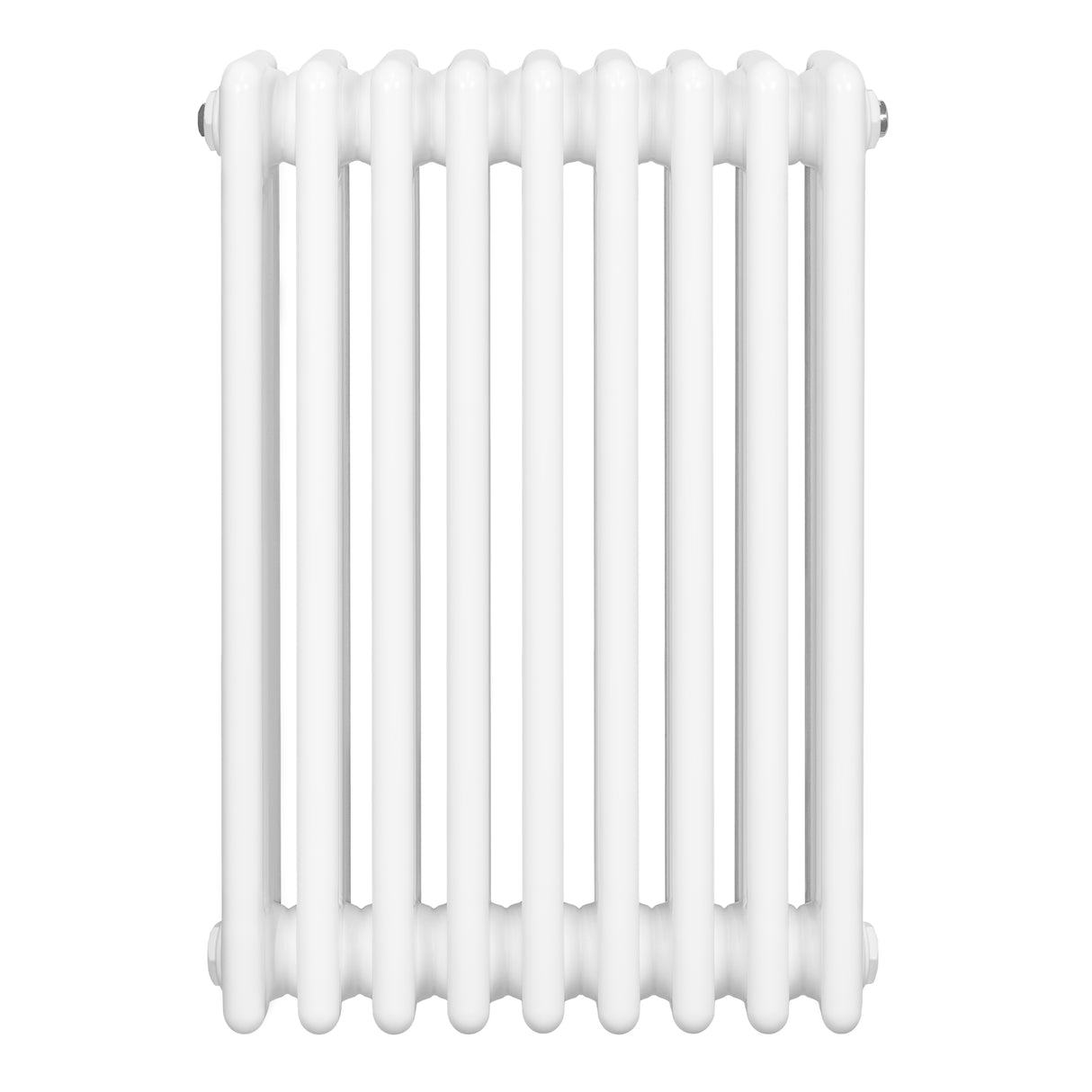 Traditionele witte radiator met vier kolommen, 600 x 425 mm, met een gladde, glanzende afwerking en ronde hoeken