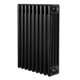 Traditionele zwarte 4-kolom radiator van 600 x 425 mm met een gladde, glanzende afwerking en verticale ribben voor optimale warmteafgifte