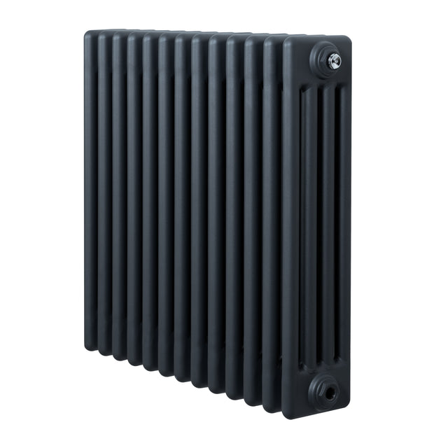 Traditionele antraciet grijze 4-kolom radiator met een strakke, verticale vorm en gladde, matte afwerking van 600 x 605 mm