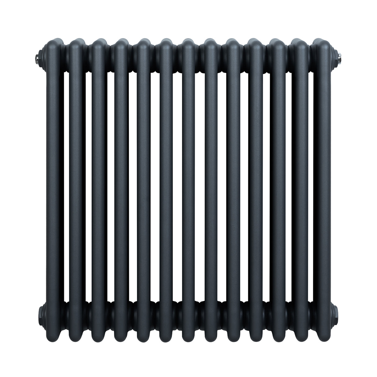 Traditionele 4-kolom radiator in antraciet grijs, met een strakke, verticale vorm en een gladde, matte afwerking