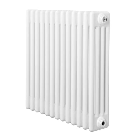 Traditionele witte radiator met vier kolommen, 600 x 605 mm, gladde afwerking en rechte lijnen voor een klassieke uitstraling