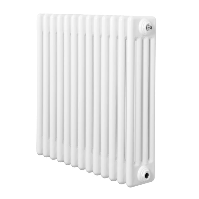 Traditionele witte radiator met vier kolommen, 600 x 605 mm, gladde afwerking en rechte lijnen voor een klassieke uitstraling