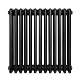 Traditionele zwarte 4-kolom radiator van 600 x 605 mm met een gladde, glanzende afwerking en ronde kolommen voor een vintage uitstraling