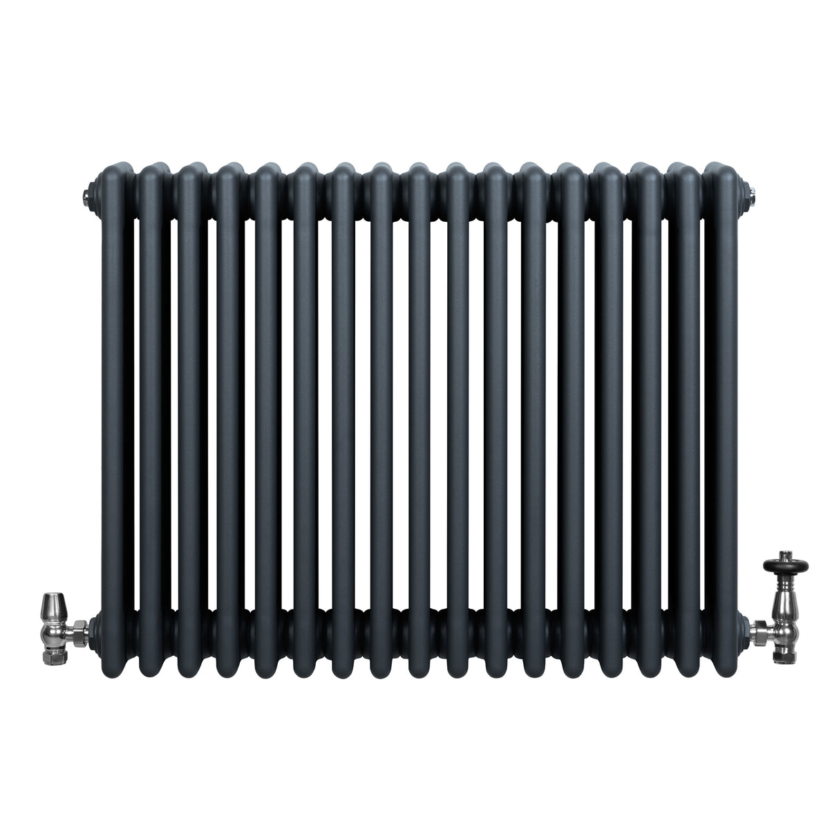 Traditionele 4-kolom radiator in antracietgrijs, 600 x 785 mm, met glanzende afwerking en haakse thermostaatkraan aan de zijkant