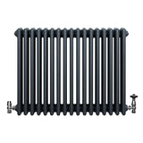 Traditionele 4-kolom radiator in antracietgrijs, 600 x 785 mm, met glanzende afwerking en haakse thermostaatkraan aan de zijkant