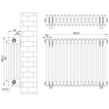 Traditionele 4-kolom radiator in antracietgrijs, met haakse thermostaatkraan en gedetailleerde afmetingen voor installatie