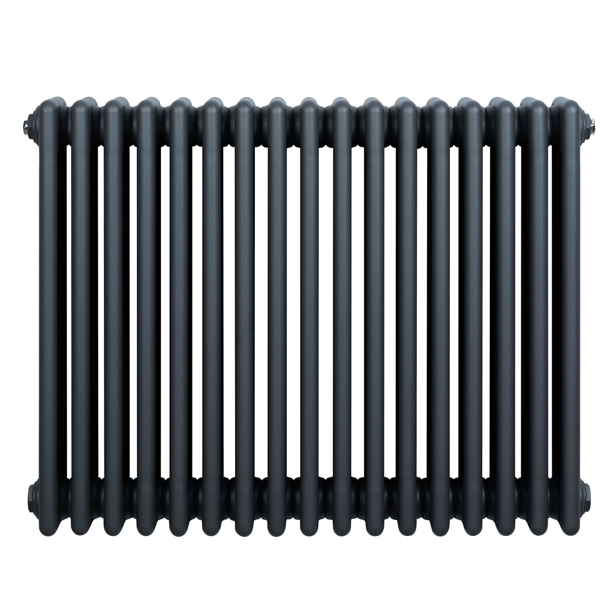 Traditionele 4-kolom radiator in antracietgrijs, met een strakke, verticale structuur en gladde, matte afwerking van metaal