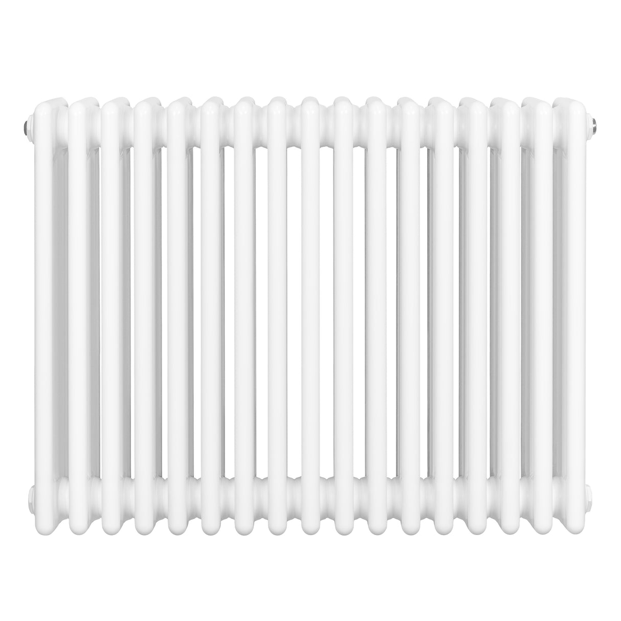 Traditionele 4-kolom radiator in wit, 600 x 785 mm, met een gladde, glanzende afwerking en ronde kolommen voor een klassieke uitstraling