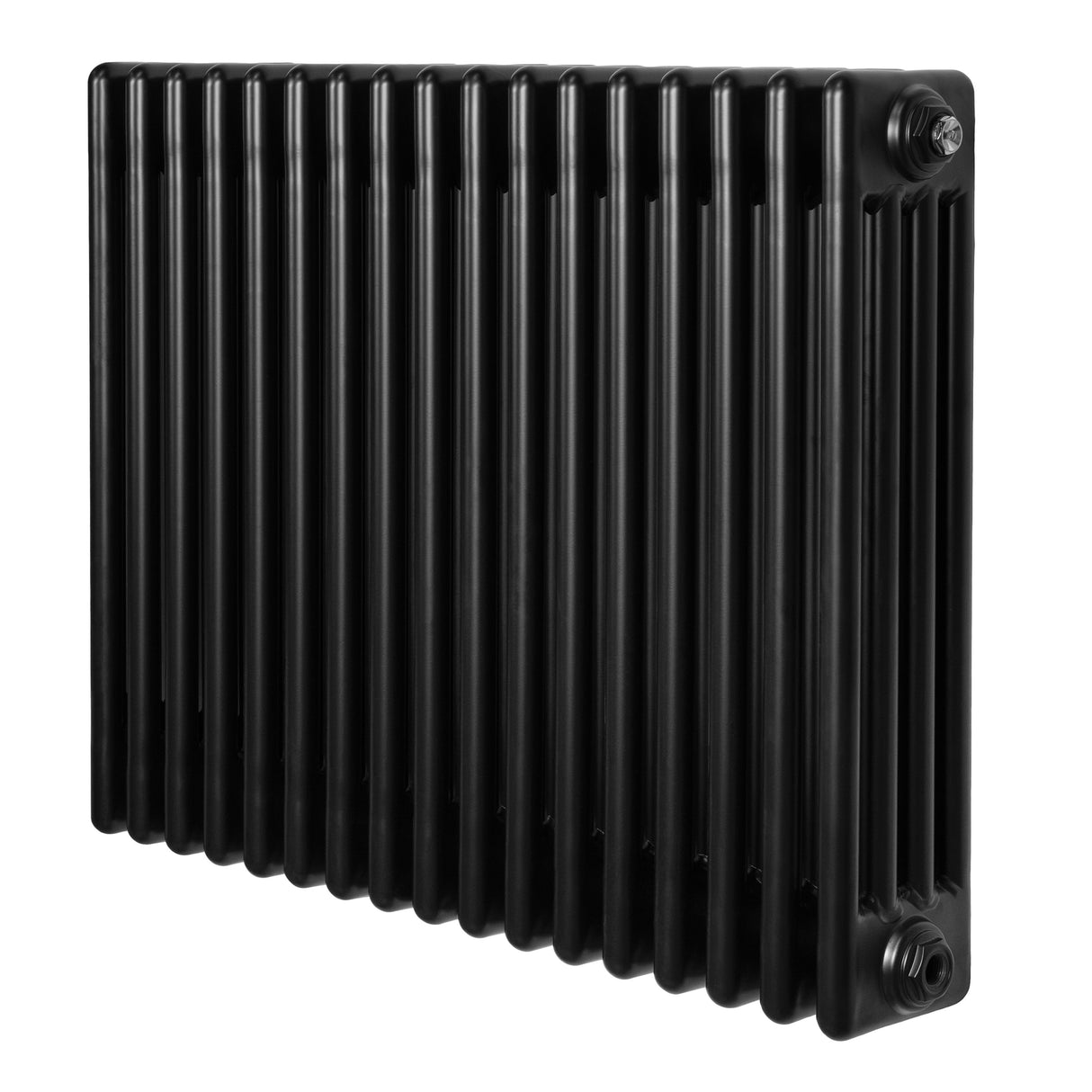 Traditionele zwarte 4-kolom radiator van 600 x 785 mm met een gladde, glanzende afwerking en verticale ribbels voor optimale warmteafgifte