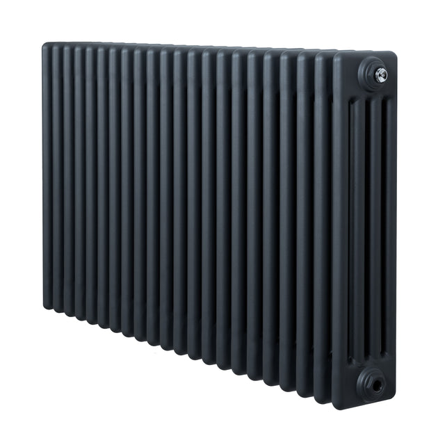 Traditionele 4-kolom radiator in antraciet grijs, met een strak, rechthoekig ontwerp en een gladde, matte afwerking