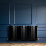 Traditionele zwarte 4-kolom radiator van 600 x 1190mm tegen een diepblauwe muur, met een glanzende afwerking en elegante lijnen