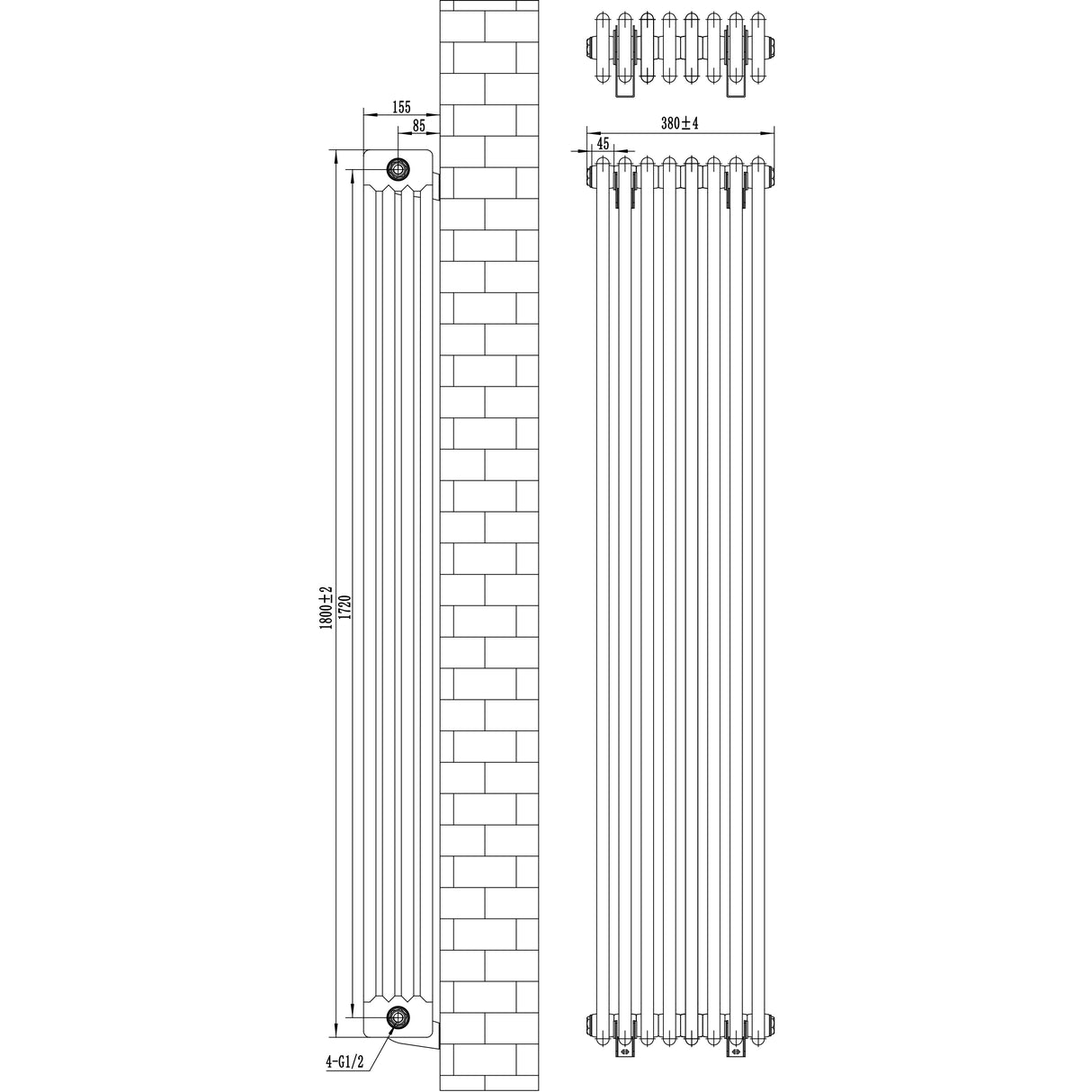 Zwarte traditionele 4-kolom radiator van 1800 x 380 mm met verticale lijnen en een gladde, matte afwerking, ideaal voor elke ruimte