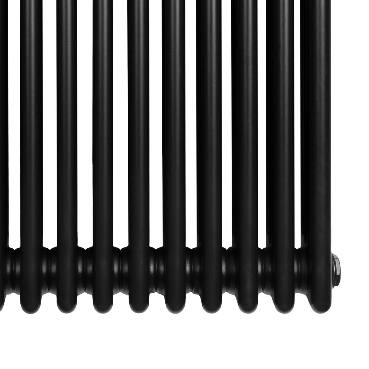 Traditionele zwarte 4-kolom radiator van 1800 x 380 mm met een glanzende afwerking en ronde, stevige buizen voor optimale warmteafgifte