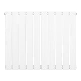 Witte design radiator met vlakke panelen en één kolom, afmetingen 600 x 700 mm, strak en modern uiterlijk met gladde afwerking