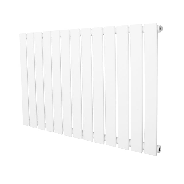 Witte design radiator met vlakke panelen en één kolom, afmetingen 600 x 910mm, strak en modern uiterlijk voor elke ruimte