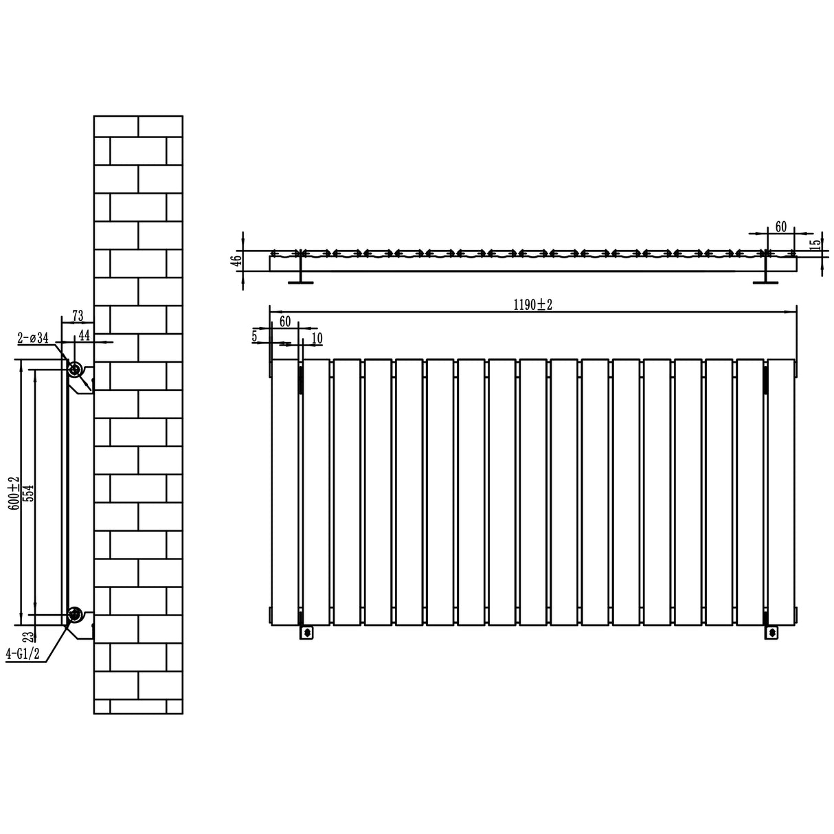 Witte design radiator met vlakke panelen, 1 kolom, afmetingen 600 x 1190mm, met strakke lijnen en moderne uitstraling