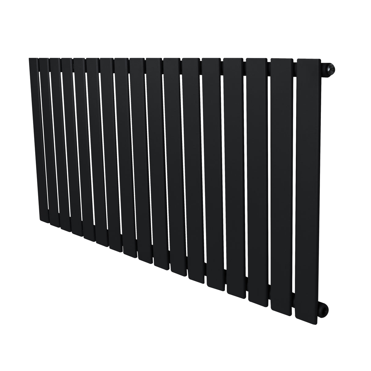 Zwarte designradiator met vlakke panelen en één kolom, afmetingen 600 x 1190 mm, moderne uitstraling en strakke lijnen
