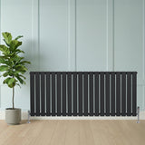 Vlakke panelen design radiator in antraciet grijs, 1 kolom, 600 x 1400mm, geplaatst tegen een lichte wand met een groene plant ernaast