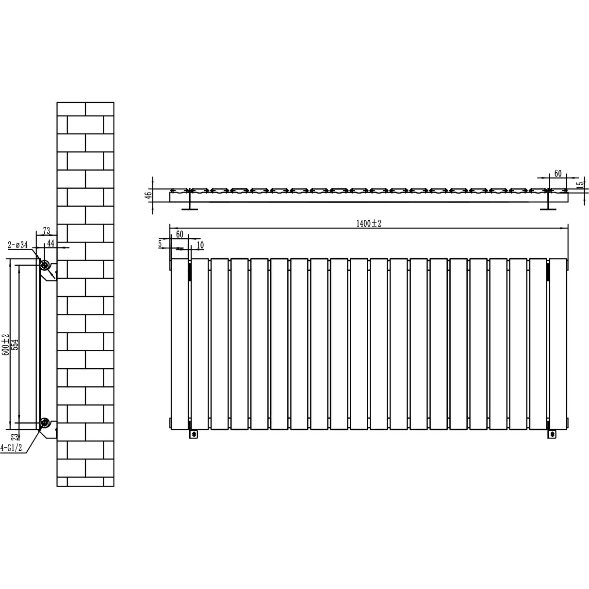 Design radiator met vlakke panelen in antraciet grijs, 1 kolom, afmetingen 600 x 1400 mm, strak en modern ontwerp