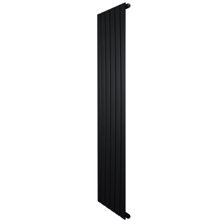Zwarte designradiator met vlakke panelen en één kolom, afmetingen 1600 x 420 mm, strak en modern ontwerp voor elke ruimte