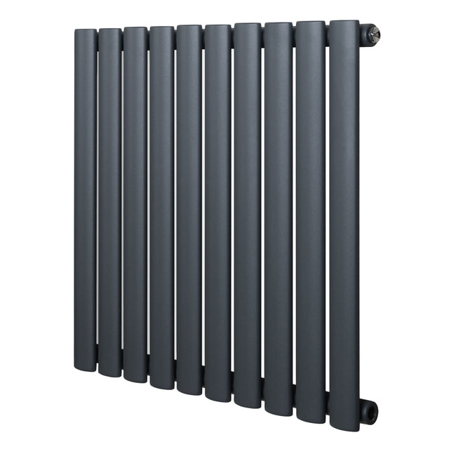 Ovale design radiator in antraciet grijs, 1 kolom, met een strakke, moderne uitstraling en een afmeting van 600 mm x 600 mm