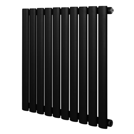 Ovale zwarte designradiator met één kolom, 600 mm x 600 mm, met een strakke, moderne afwerking en een matte textuur