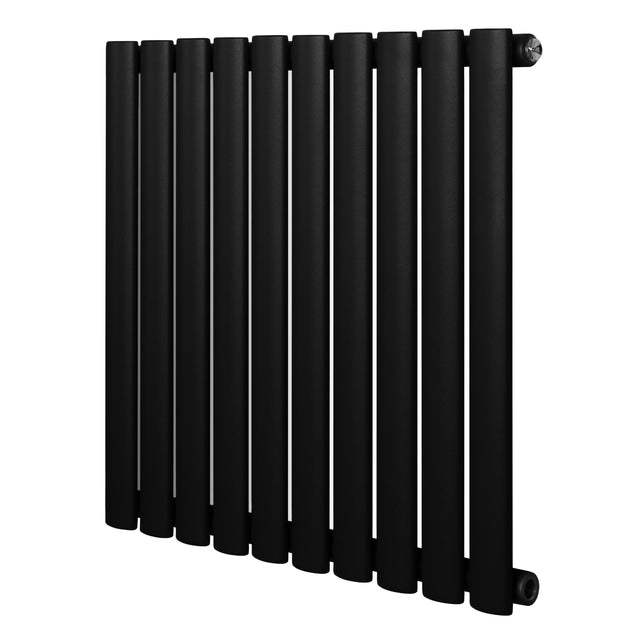 Ovale zwarte designradiator met één kolom, 600 mm x 600 mm, met een strakke, moderne afwerking en een matte textuur