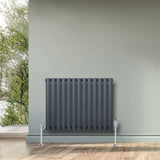 Ovale design radiator in antraciet grijs, 1 kolom, met een moderne uitstraling en verticale, slanke buizen op een lichte muur