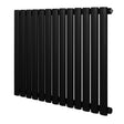 Ovale zwarte designradiator met één kolom, 600 mm x 780 mm, heeft een moderne uitstraling en een gladde, matte afwerking