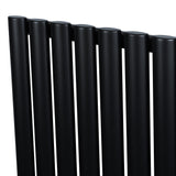 Ovale zwarte designradiator met een enkele kolom, 600 mm breed en 780 mm hoog, met een moderne, strakke afwerking en ronde buizen