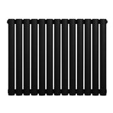 Ovale zwarte designradiator met één kolom, 600 mm hoog en 780 mm breed, met een strakke, moderne afwerking en gladde textuur