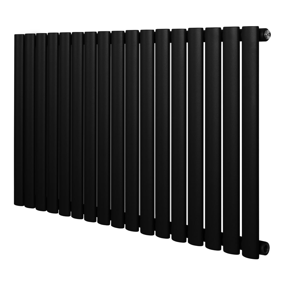 Ovale zwarte designradiator met één kolom, 600 mm hoog en 1020 mm breed, met een strakke, moderne afwerking en gladde textuur