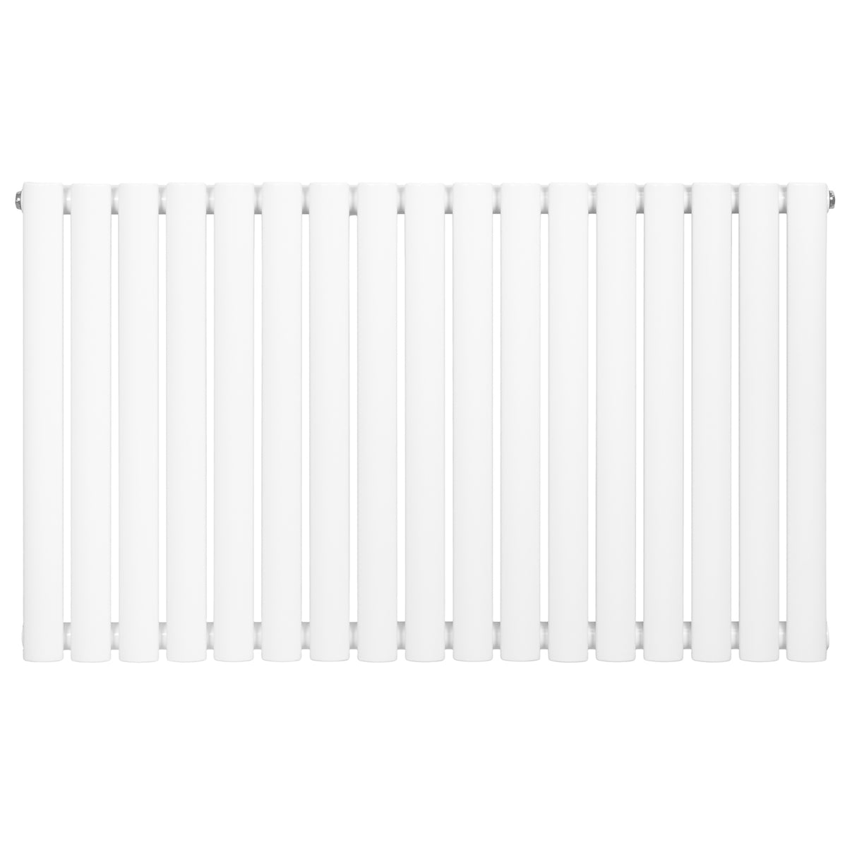 Ovale witte designradiator met één kolom, 600 mm hoog en 1020 mm breed, met een gladde, moderne afwerking en rechte lijnen
