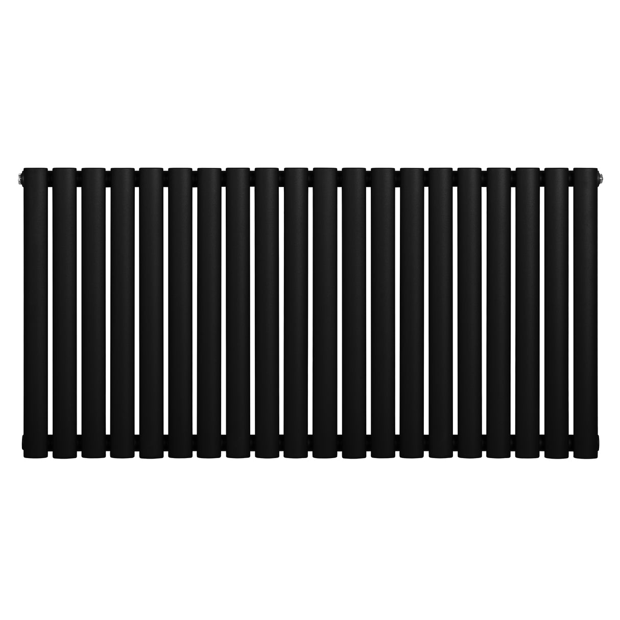 Ovale zwarte design radiator met één kolom, 600 mm hoog en 1200 mm breed, met een strakke, moderne uitstraling en gladde afwerking