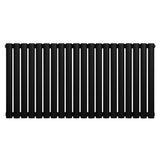 Ovale zwarte design radiator met één kolom, 600 mm hoog en 1200 mm breed, met een strakke, moderne uitstraling en gladde afwerking