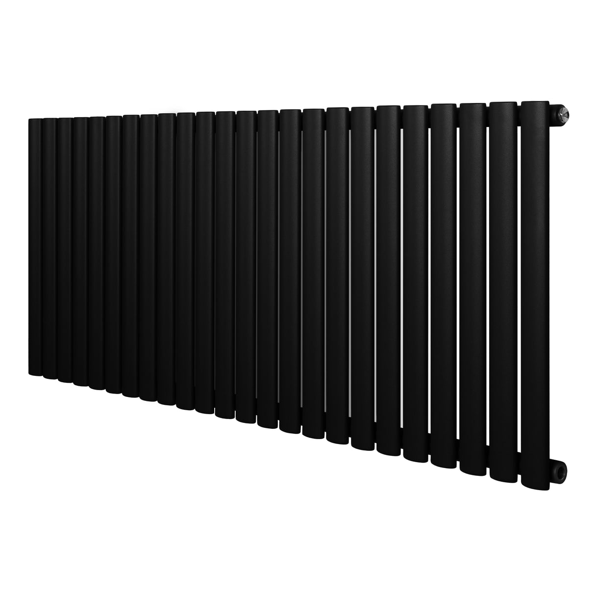 Ovale zwarte designradiator met één kolom, 600 mm hoog en 1440 mm breed, met een strakke, moderne uitstraling en gladde afwerking
