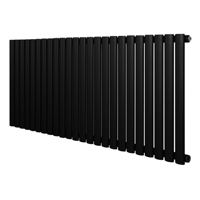 Ovale zwarte designradiator met één kolom, 600 mm hoog en 1440 mm breed, met een strakke, moderne uitstraling en gladde afwerking