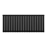 Ovale zwarte design radiator met één kolom, 600 mm hoog en 1440 mm breed, met een strakke, moderne uitstraling en gladde afwerking