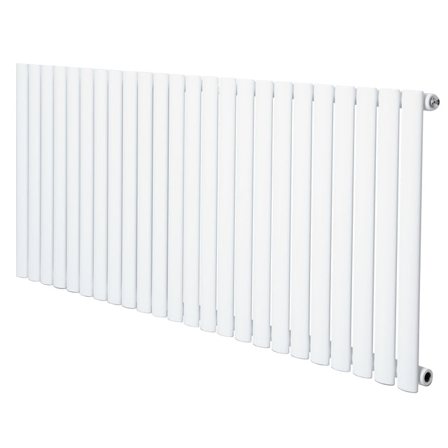 Ovale witte design radiator met één kolom, 600 mm hoog en 1440 mm breed, met een strakke, moderne uitstraling en gladde afwerking