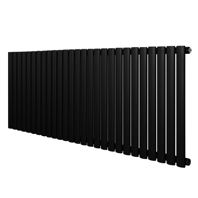 Ovale zwarte design radiator met één kolom, 600 mm hoog en 1620 mm breed, met een strakke, moderne uitstraling en gladde afwerking