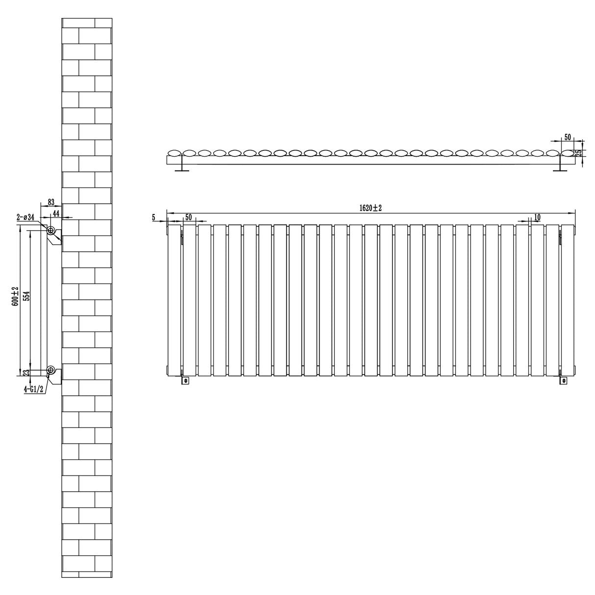 Ovale zwarte design radiator met één kolom, afmetingen 600 mm x 1620 mm, met een strakke, moderne uitstraling en gladde afwerking