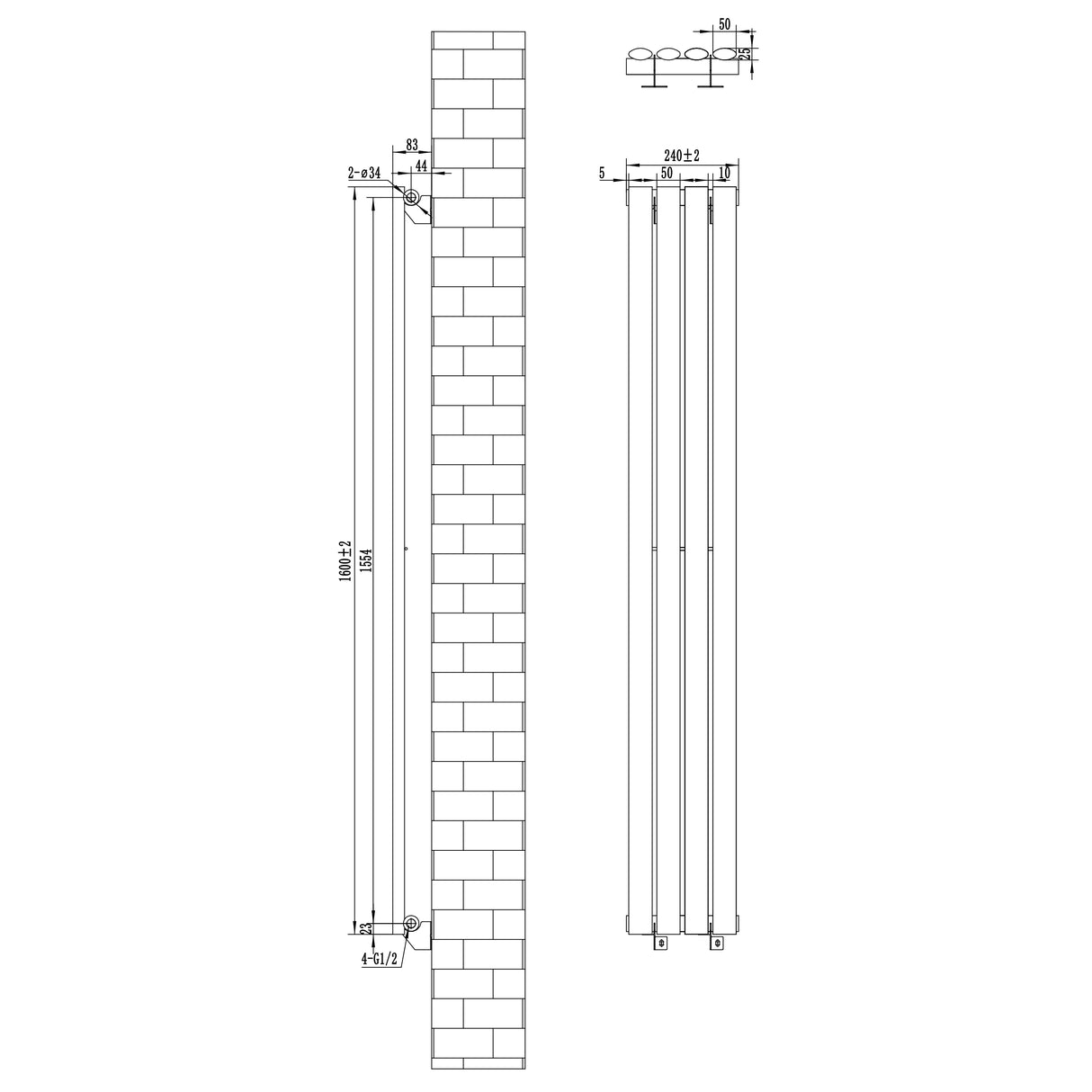 Ovale design radiator in wit, met een enkele kolom, afmetingen 1600 mm x 240 mm, strak en modern ontwerp voor elke ruimte