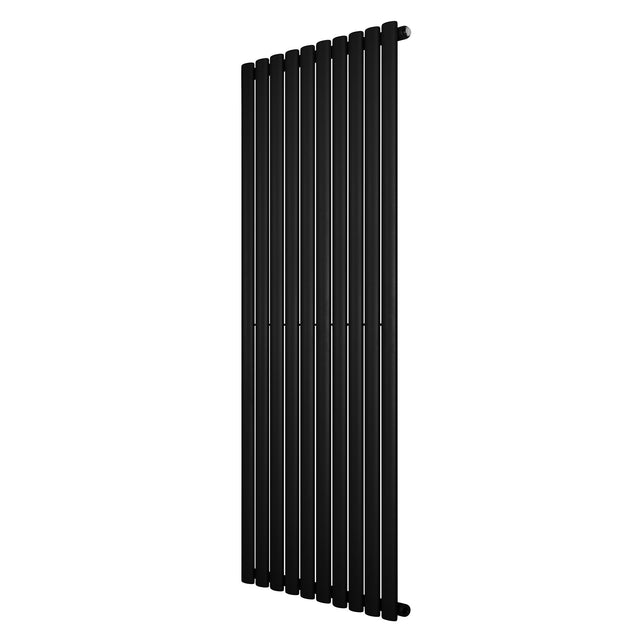 Ovale zwarte design radiator met één kolom, 1600 mm hoog en 600 mm breed, met een strakke, moderne uitstraling en gladde afwerking