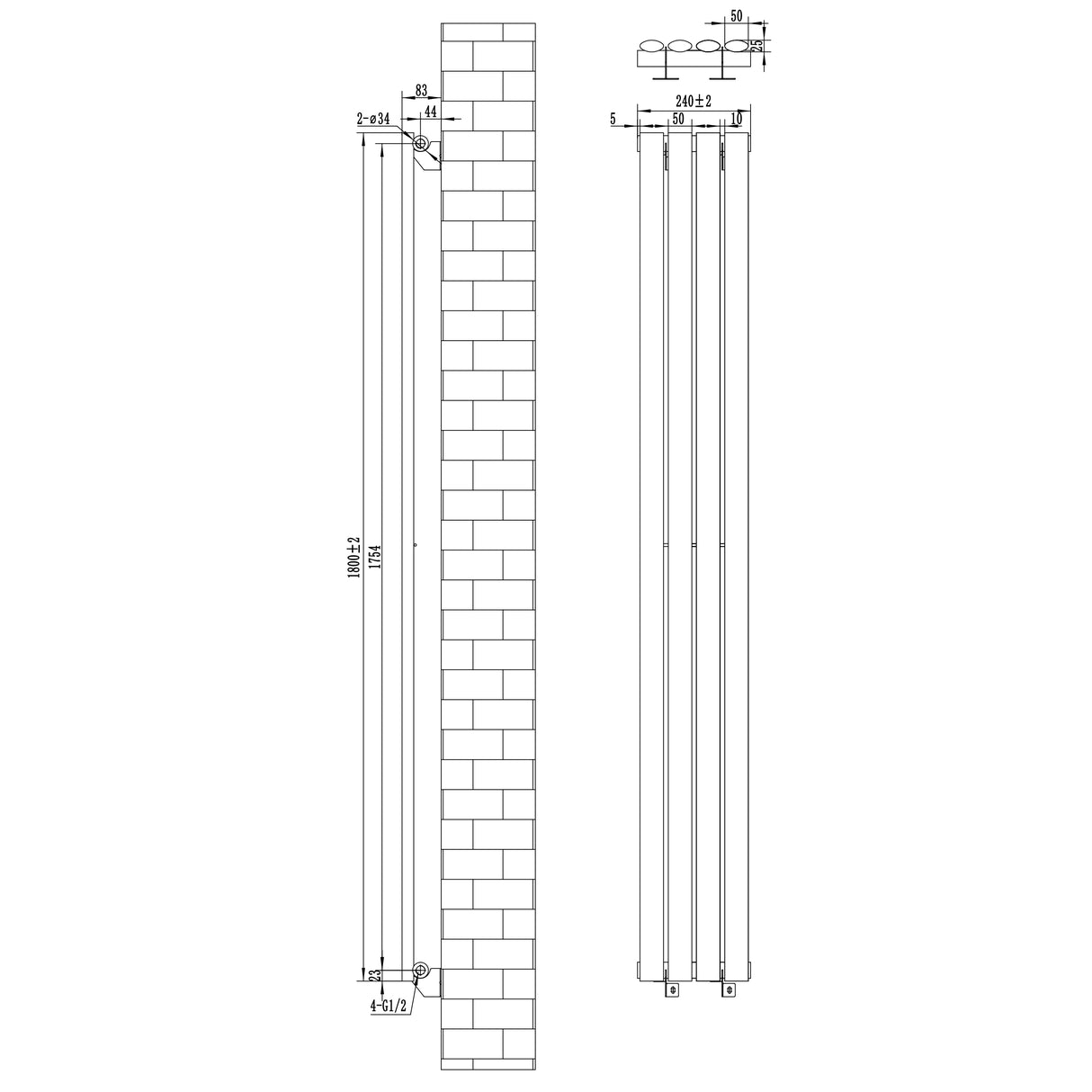 Ovale design radiator in wit, 1 kolom, 1800 mm x 240 mm, met strakke lijnen en een moderne uitstraling, geschikt voor elke ruimte