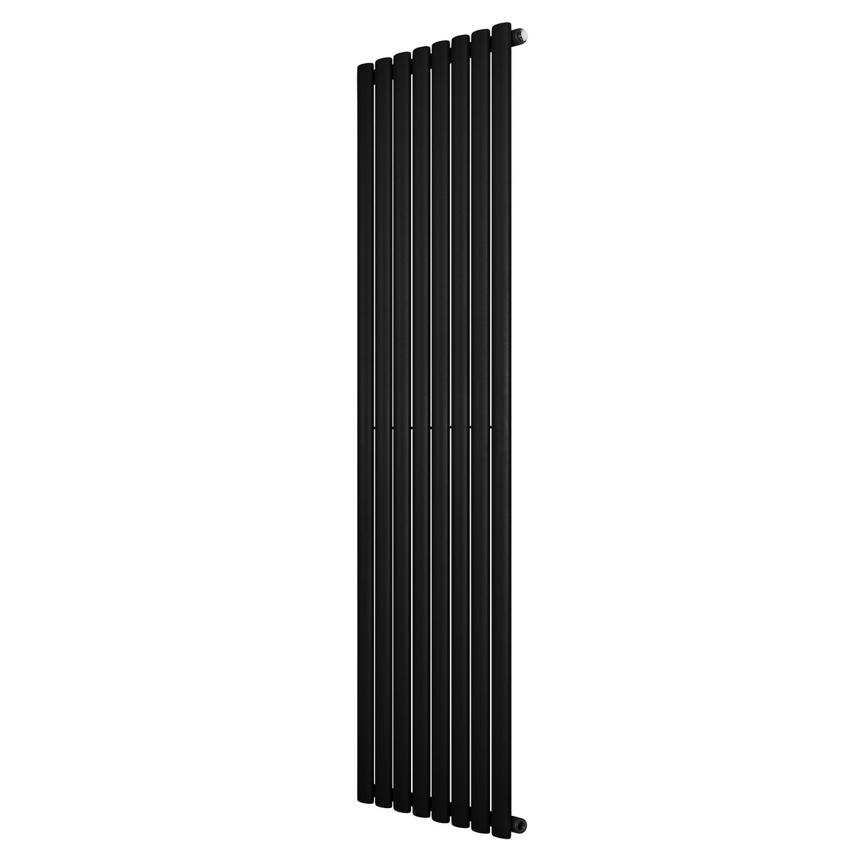 Ovale zwarte designradiator met één kolom, 1800 mm hoog en 480 mm breed, met een strakke, moderne uitstraling en gladde afwerking